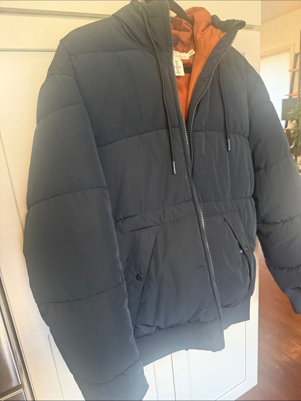 H&M Navy Puffer Jacket with Orange Hood Lining - Picture 3 of 8
